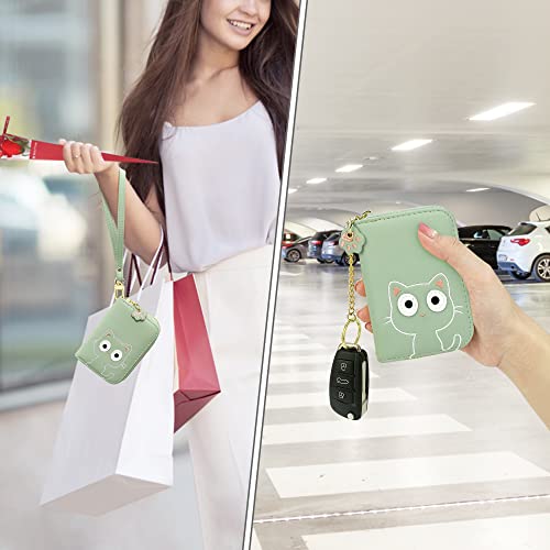 Image of CONISY Cute Small Women Credit Card Holder Wallet with Keychain Wristlet (green cat)