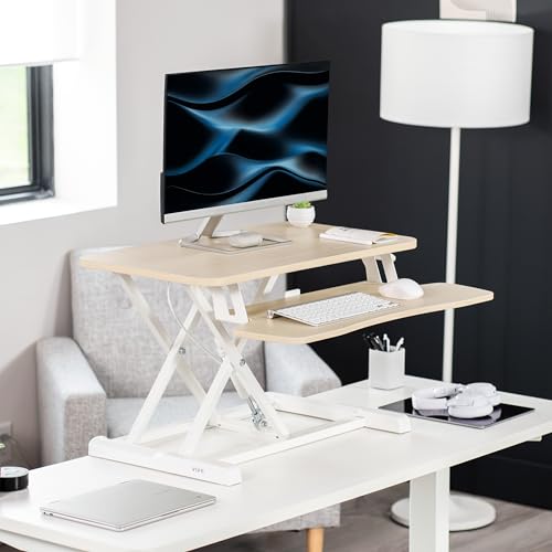 Image of VIVO 28 inch Desk Converter, K Series, Height Adjustable Sit to Stand Riser, Dual Monitor and Laptop Workstation with Keyboard Tray, Light Wood Top, White Frame, DESK-V028KF