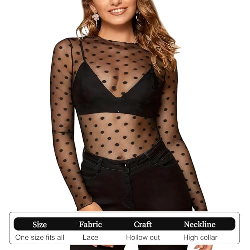 Mesh Oberteil Damen Sexy Oberteil Glitzer Netzoberteil Transparent Bluse Langarm Durchsichtiges Spitzentop Sheer Mesh Bluse für Party Club Festival, Flecken