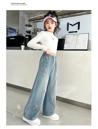 Girls Jeans Butterfly Denim Elastic Wasit Wide Leg Baggy Pants Kids Clothes 5-16 Years4