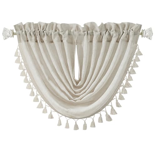 Central Park Natural Solid Waterfall Valance Window Curtain Linen Blended Rod Pocket with Tassel Accessories Semi Sheer Kitchen Curtain Panel for Living and Bedroom, 56\"x38\", 1 Piece
