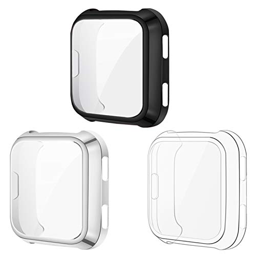 KIMILAR Screen Protector Case Cover Compatible with Fitbit Versa [3-Pack], All-Around Screen Protective Case Bumper Cover Saver Soft TPU Plated Case for Versa Smartwatch (Black+Silver+Clear)