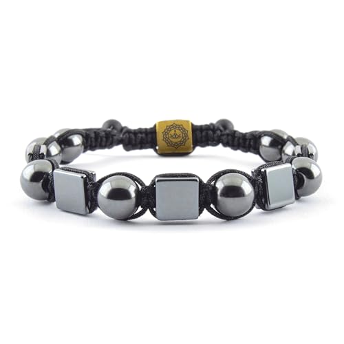 Adjustable Hematite Beaded Bracelet, Metallic Gray Rectangular Beads, Black Cord, Minimalist Unisex Design Macrame Bracelet – Handmade Men’s Bracelet – Gift for Him or Her (Round & Square Hematite)