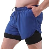 [saliwind] ショートパンツ メンズ ランニングパンツ 短パン インナー付き ポケットあり 通気速乾 ストレッチ ウェストゴム 夏用 スポーツ ジム 筋トレ フィットネス 水陸両用 ハーフパンツ 快適 (ブルー,S)