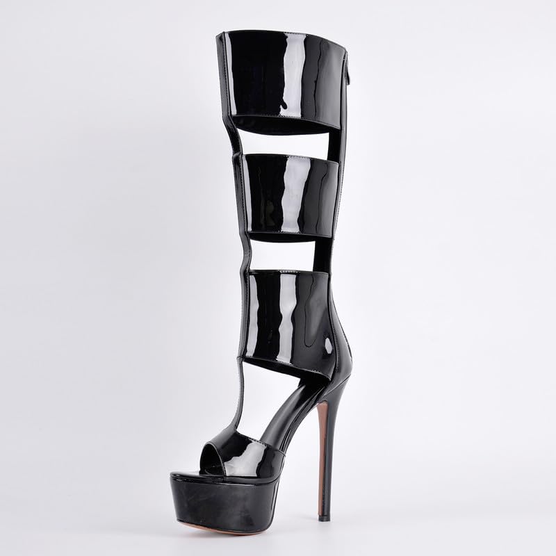 Image of Richealnana Women's Gladiator Knee-High Platform Heels-Stiletto Peep Toe Boots with Back Zipper for Club,Prom,Dance,Sexy