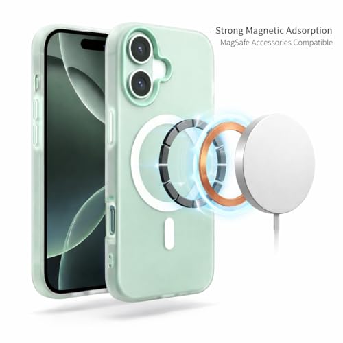 Image of Hupshy iPhone 16 Back Cover with Camera Protection Rings, Kickstand-Matte /Anti, Non-Slip, Camera Glass Protection,Transparent Shockproof Cover for iPhone 16 (Light Green)