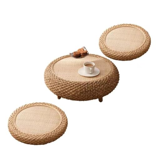 Haruze ちゃぶ台 円卓 ローテーブル 籐のコーヒーテーブル 畳座卓 卓袱台 食卓 直径 60× 高さ 25cm 小さい 2 人用 木製 籐編み ラタン おしゃれ 和風 禅インテリア 収納機能 組み立てが簡単 和室 茶道 瞑想 バルコニー リビングルー