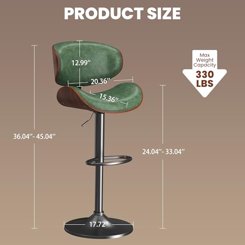 Image of YaFiti Bar Stools Set of 3, Bar Stools for Kitchen Island with Bentwood Back and Leather Seat, Swivel Bar Stools for Kitchen Counter, Bar, Green