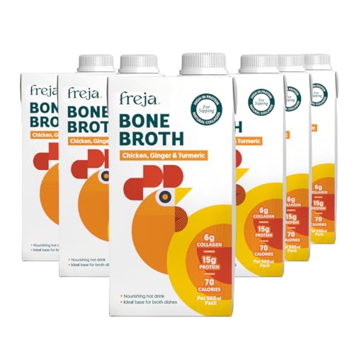 Freja Chicken Ginger & Turmeric Bone Broth | Sipping Broth | Free Range | Collagen Protein & Amino Acids | Low Carb & Gluten Free | Clear Liquid Broth | 6 x 500ml