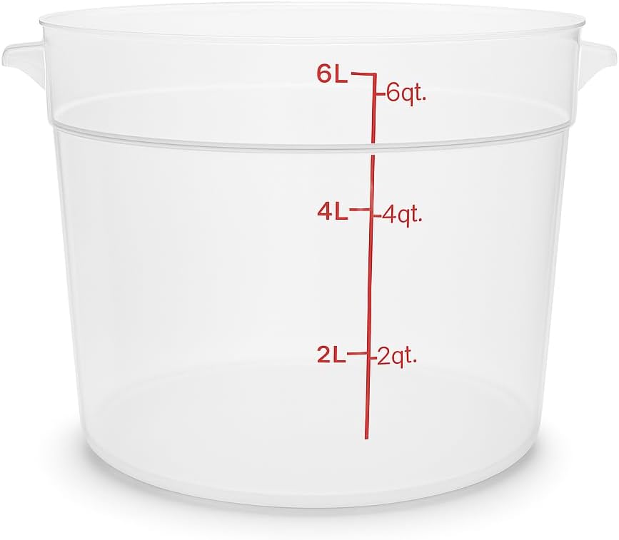6 Qt Round Food Storage Container, Translucent Polypropylene, BPA Free, Dishwasher Safe, Freezer Safe, NSF Listed, 8.75" Top Diameter