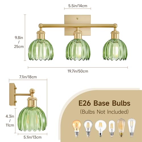 Image of Bathroom Light Fixtures Over Mirror,3 Light Vintage Bathroom Vanity Lights,20 in Brushed Brass Antique Vanity Light with Green Tulip Glass Shade for Bedroom, Living Room, Foyer,E26 Base