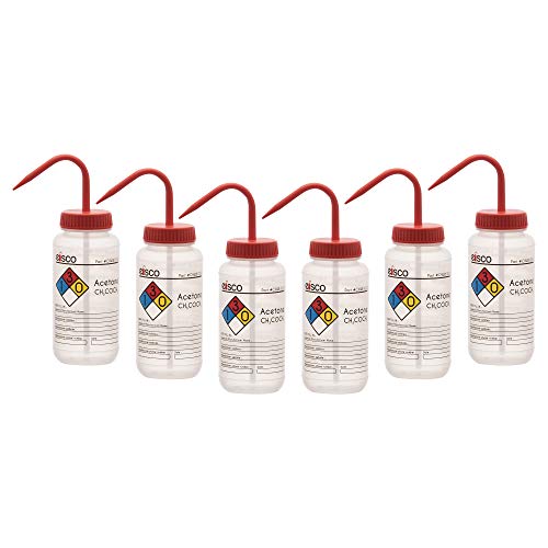 EISCO 6PK Wash Bottle for Acetone 500ml - Labeled with Color Coded Chemical & Safety Information (4 Colors) - Wide Mouth Self Venting Low Density Polyethylene Labs