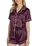 NY Threads Women's Silk Satin Pajamas Set Button Down Top and Shorts 2 Piece Sleepwear Loungewear Pjs Set, Medium, Burgundy