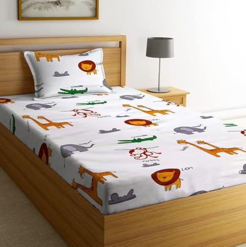 Image of NHD HOME Premium Glace Cotton 180 TC Flat Single Bedsheets For Summer Breathable | Wrinklefree (Size-60 X 90 Inch) With 1 Pillow Covers (Size-17 X 27 Inches, Kids Animal Printed),Multicolour