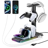 Supporto per Cuffie e Controller con Caricatore Wireless, Supporto RGB per Controller e Doppie Cuffie Gaming da Scrivania con 2 Porte USB e Type-C, Support di Organizer per Accessori Stanza Gaming
