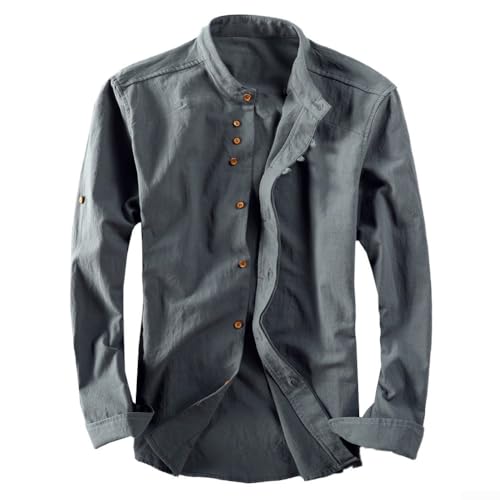 Camisa de vestir de manga larga para hombre de perfil delgado con cuello mandarín y composición de mezcla de lino de algodón (L gris oscuro)