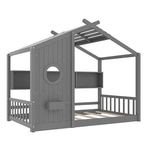 Image of Twin Size Floor House Bed with Roof and Window for Kids, Wooden Playhouse Bed with Storage Shelves for Bedroom Furniture Girls & Boys (Gray /L2, Twin)