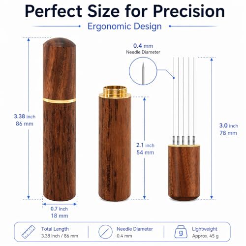 Image of Street27 Espresso Coffee Needle Stirrer Tool - 6 Stainless Steel Needles with Natural Wooden Handle & Stand | WDT Distribution Tool for Even Coffee Grounds Preparation