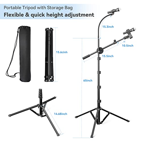 Microphone Tripod Stand, Kdd Gooseneck Mic Boom Arm Stand Height Adjustable 30" - 80" With Two Mic Clips, Two Mic Arms And 3/8" To 5/8" Adapter For Singing, Stage, Blue Yeti Snowball, Most Mics #TOP5