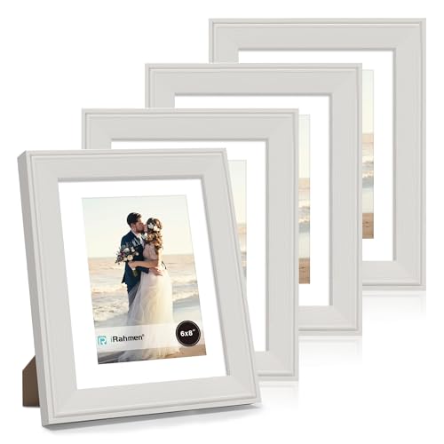 Image of iRahmen 6x8 Vintage Picture Frame with Mat 4x6 - High Definition Real Glass Wooden Photo Frames for Tabletop Display and Wall Mounting (Cream, Set of 4)