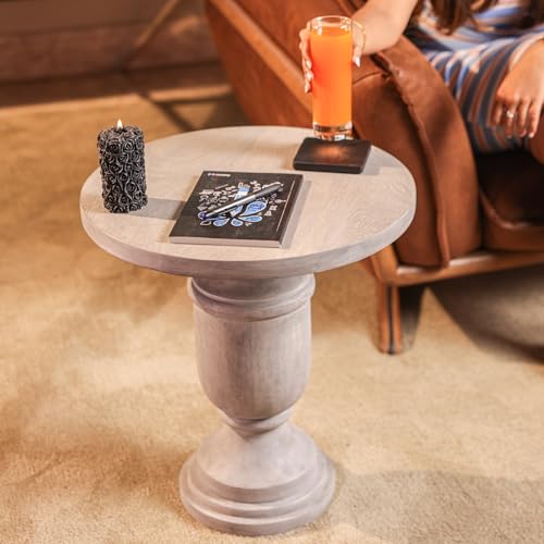 Image of Misty End Table Wooden Side Table for Bedroom| Living Room | Bedside Table | Nightstand | Sofa Side Table | Accent Table | Home Decor Furniture | Grey Finish | Mango Wood | 51cm