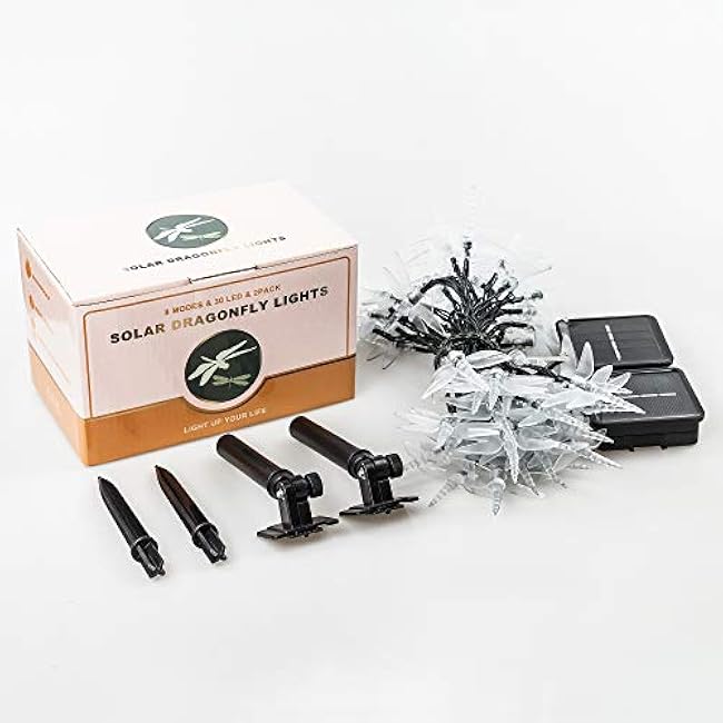 shinymolly Dragonfly Solar Lights Outdoor, 2PACK 19.6FT 30 LED Dragonfly Decorative String Lights, 8 Modes Solar Powered Fairy Lights for Patio Garden Yard Fence Wedding Christmas Party, Multicolor