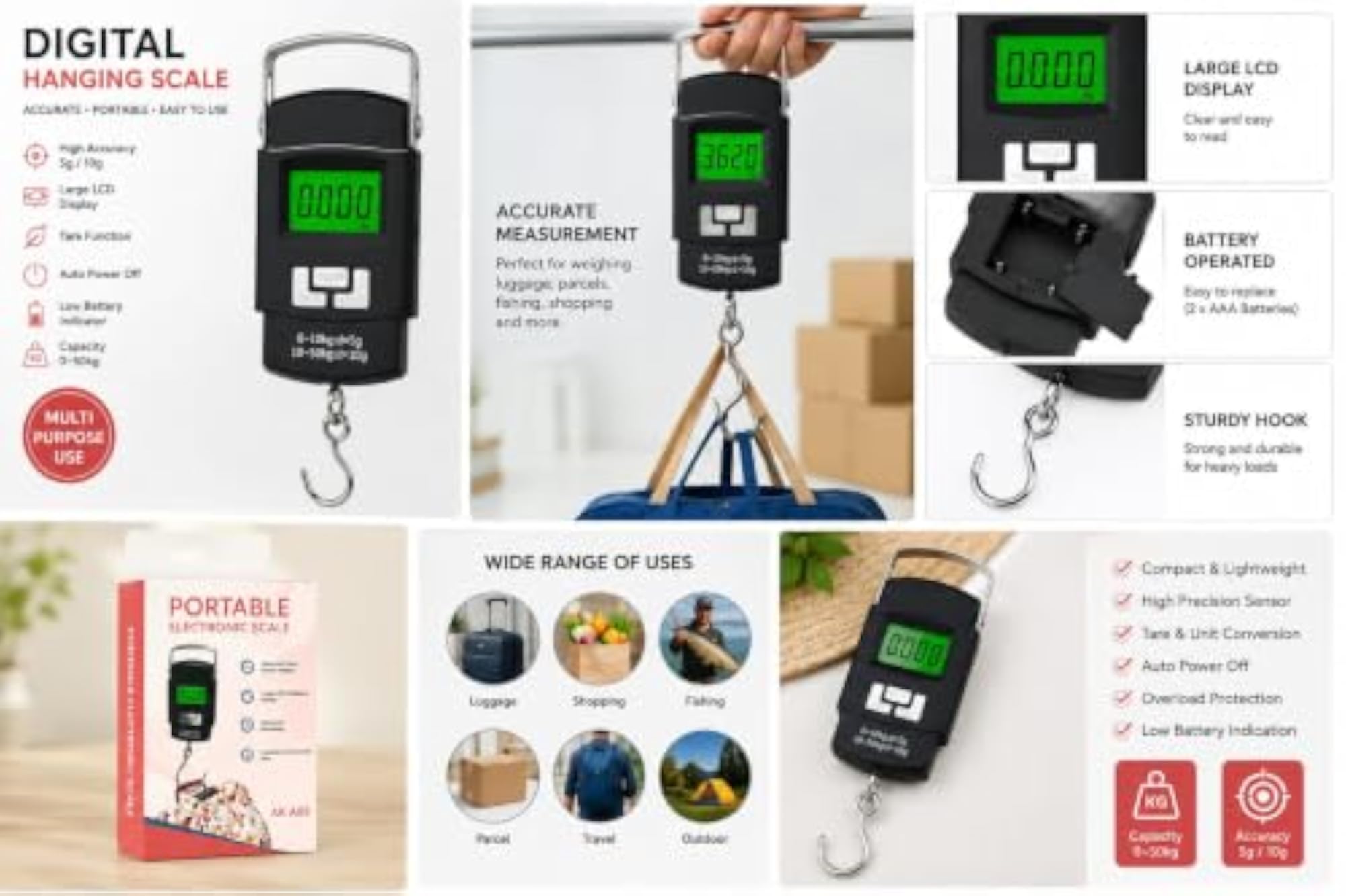 Portable Electronic Hanging Scale AK A08, 40kg Capacity