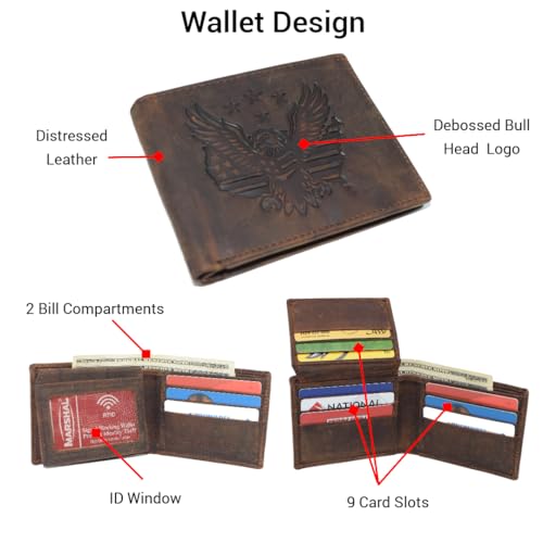 Men’s RFID Blocking Vintage Leather Patriotic Eagle & USA Flag Debossed Bifold Wallet (Brown)4