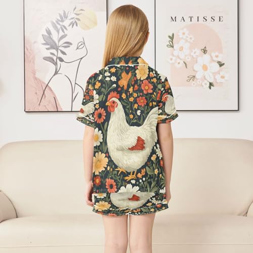 Satin Pajama Sets Short Sleeve Floral Cute Hen Pattern Button Down Silky Nightwear 2 Piece PJS 5-14Y4