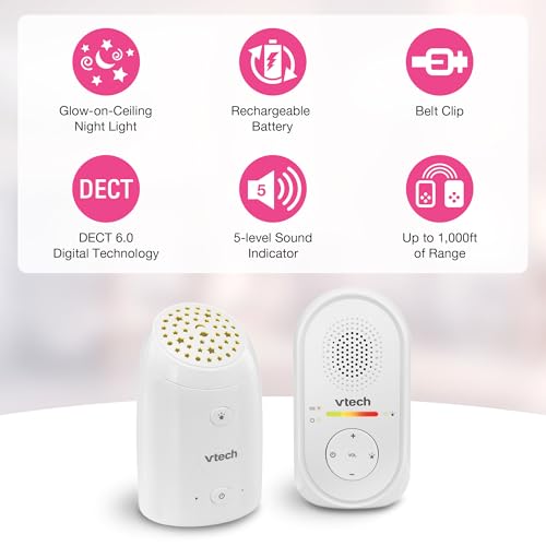 VTech TM8112 Audio Baby Monitor with Glow-on-Ceiling Starry Night Light, 8-Hour Rechargeable Battery, 1000ft Range & Belt Clip by VTech - Image 2