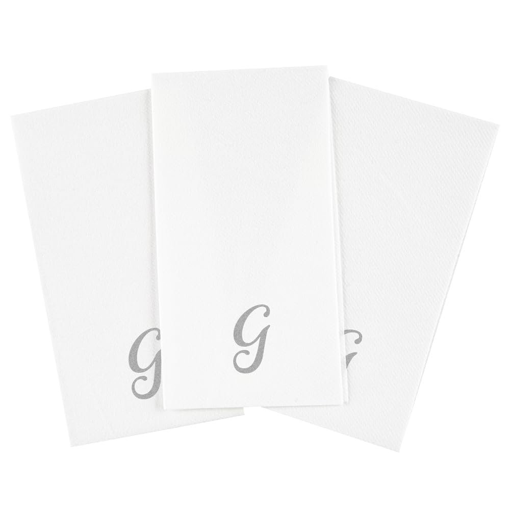 Luxenap - Servilleta rectangular de papel blanco con letra G plateada – Air Laid, fuente cursiva – 15 3/4 pulgadas x 8 pulgadas – Caja de 50 unidades