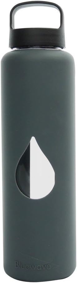 Bluewave 750 ml (25 oz) Borosilicate Glass Water Bottle with Loop Cap & Free Silicone Sleeve (Grey)