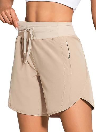 Zuty 7" High Waisted Athletic Shorts For Women Running Workout Long Shorts With 3 Zipper Pockets Khaki S #TOP14