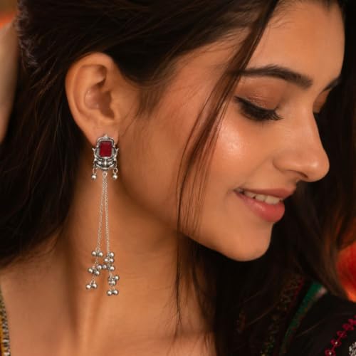Image of I Jewels Traditional Silver Oxidised Kashmiri Long Dangler Earrings with Ghungroo for Women & Girls Gift