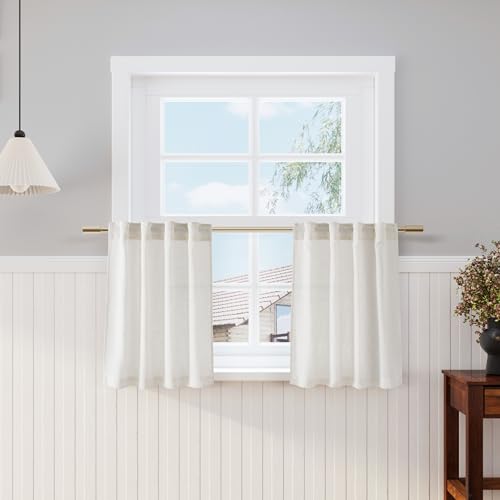 Image of Nanspring Cream Small Linen Textured Curtains 24 Inch Length Light Filtering Semi Sheer Short Curtains Back Tab Rod Pocket Boho Kitchen Tier Window Curtain for Bathroom Basement Camper 26x24 Inches