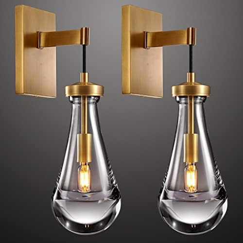 Joyunleo Raindrop Wall Sconces Set of Two, Brass Sconces Wall Lighting Wall Lamps for Bedrooms Set of 2, Clear Glass Light Sconces Rope Vanity Light Wall Lights for Living Room Hallway