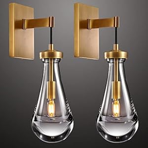 Wall Sconces Set of Two Brass Modern Raindrop Glass Sconces Wall Lighting Gold Wall Light Fixtures Indoor Wall Light Vanity Light Fixture Wall Lamp for Living Room Bathroom