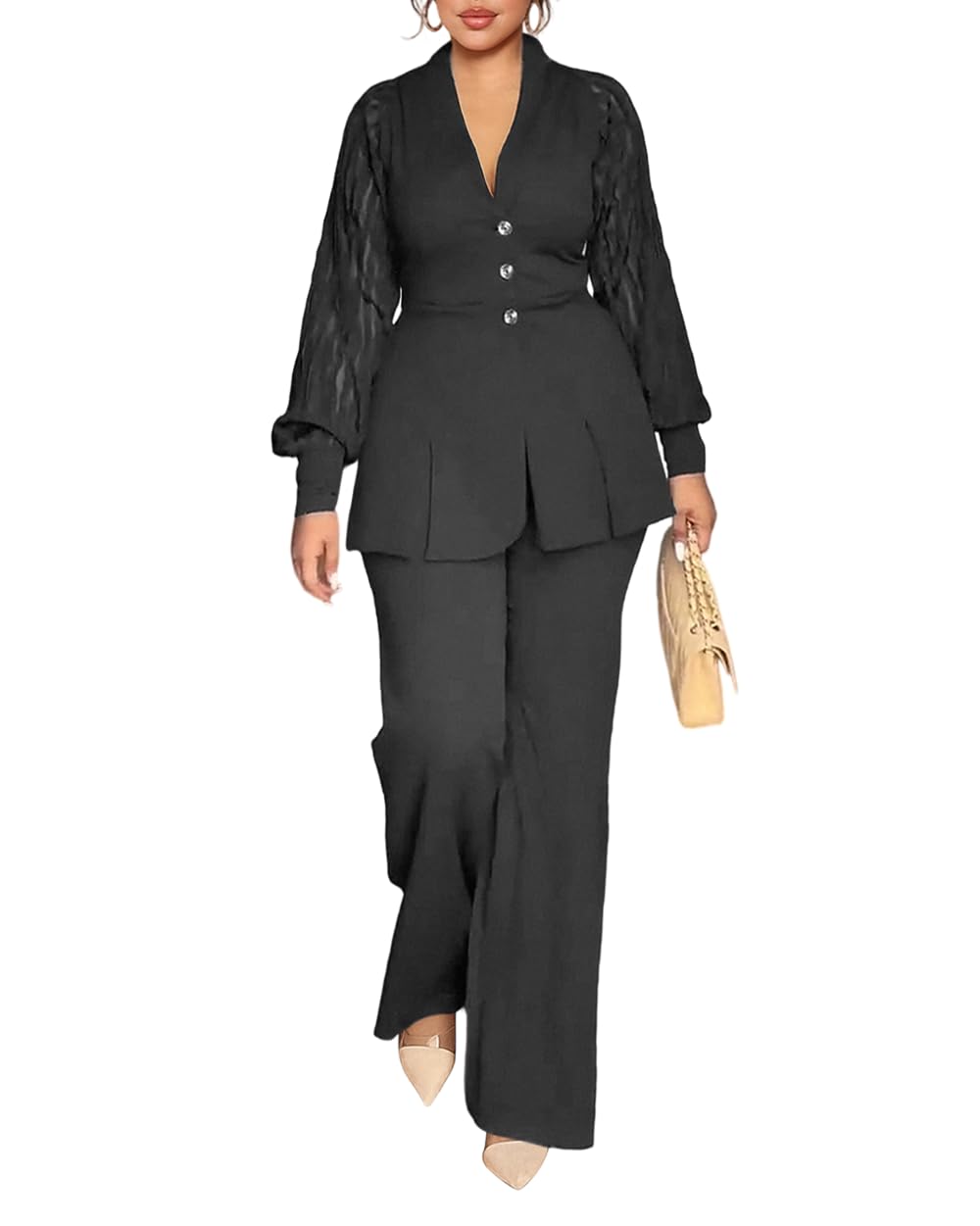 HWP Pants Suits for Women Dressy 2 Piece Business Casual Outfits Solid Long Sleeve Blazer and Pencil Pant
