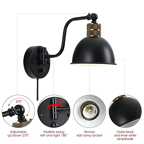 Plug In Wall Sconce Set Of 2 Swing Arm Wall Lamp With Dimmable Switch, Black Farmhouse Hardwired Wall Sconce Industrial Vintage Wall Mounted Light For Bedroom Reading, 2 In 1 Install #TOP7