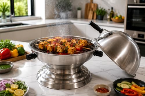Image of Gas Tandoor Bati Maker | Stainless Steel Mirror Finish 3 Piece Set Gas Stove Tandoor with Heat Resistant Handles & Dome Lid for Bati, Roti, Naan, Pizza, Tikka and Grilling Maker