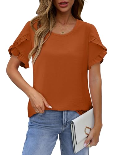 CRAZY GRID Women's Shirts Summer Casual Crewneck Ruffle Short Sleeve Blouses Cute Floral Print Tunic Tops