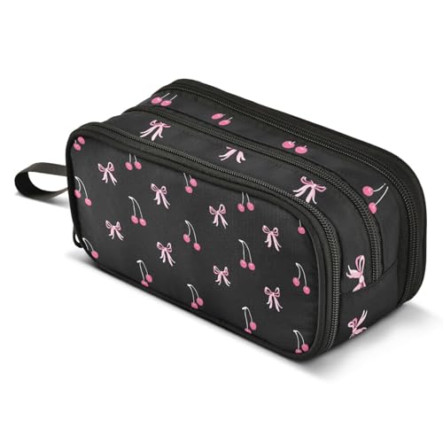 Image of ALAZA Black Pink Bow Cherry Pencil Case Large Capacity Pencil Pouch with 3 Compartments Stationery Case Pen Bag for Boys Girls Kids Adults School Office