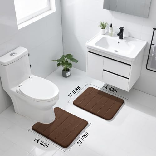 Image of Yimobra U-Shaped Toilet Bath Mat Set 2 Piece - Super Soft Absorbent Quick Dry Memory Foam Bathroom Rugs, Machine Washable Non Slip Floor Carpet for Tub Shower & Single Sink (17x24 & 24x20, Brown)