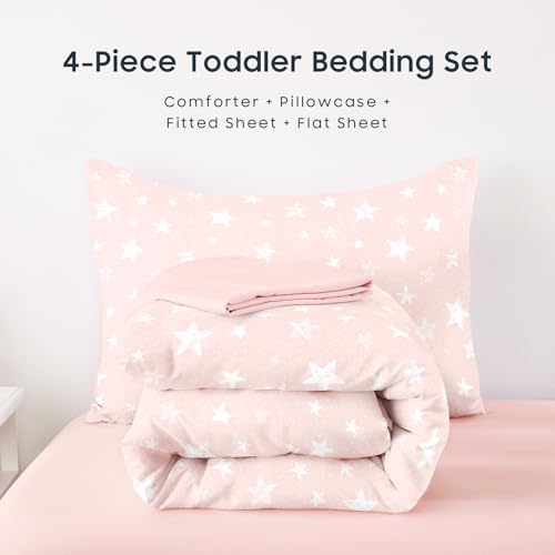 Image of Wake In Cloud - Toddler Bedding Set for Boys Girls, Cute Star Polka Dot, 4 Pieces Soft Crib Bed Set Including Comforter, Sheets and Pillowcase, Light Pink