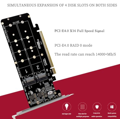 PH44PRO Dual-Sided 4* M.2 M-Key NVME to PCIe X16 Splitter Card 4 * 32Gbps 2U Server RAID Array Expansion Adapter Support 2242 2260 2280 22110 SSD