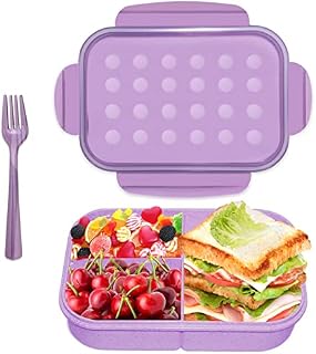 ASYH Bento Box, Japanese Lunch Box Reusable Leak Proof 3 Compartment Lunch Dinner Containers with Fork for Adults School Office - Microwave Safe (Purple)