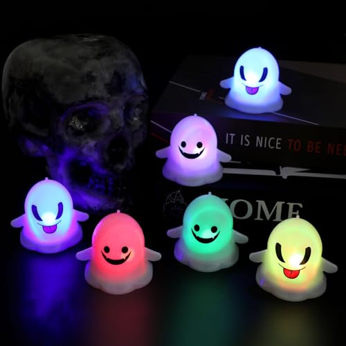 Image of KIMOBER Halloween Flameless Candles,6Pcs White Ghosts Colorful LED Candles for Indoor Halloween Decorations Home Halloween Decor