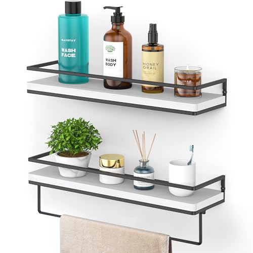 AFAjwsc Mensola da Muro 40cm, Set 2 Pezzi Mensole da Muro in Legno con Portasciugamani, per Cucina, Bagno, Soggiorno
