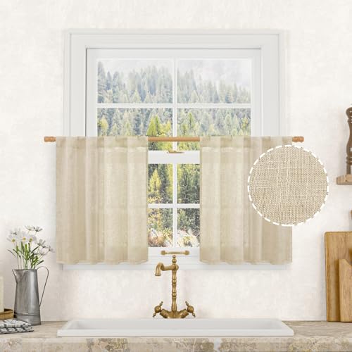 LAMIT 24 Inch Cafe Linen Curtains for Kitchen Window, Semi Sheer Light Filtering Short Curtains Back Tab and Rod Pocket Neutral Drapes for Bathroom/Basement, 2 Panels, Linen, 34 x 24 Inch