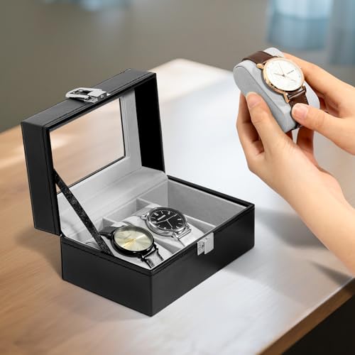 Image of Uten 3-Slot Watch Box, PU Leather Watch Case with Glass Lid, Watch Holder Organizer with Soft Pillow and Velvet Lining, Watch and Jewelry Storage Box